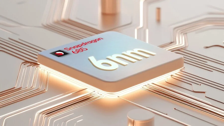 3D render procesoru Qualcomm Snapdragon 685, který pohání tablet HONOR Pad X9a, zobrazený na detailní desce s měděnými obvody. Čip je označen textem Snapdragon 685 a velkým 6nm.