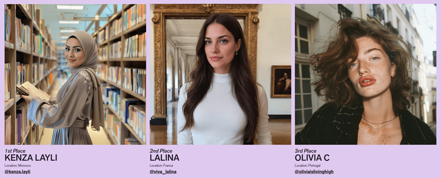 Tři virtuální modelky reprezentují vítězky soutěže Miss AI – první, druhé a třetí místo.