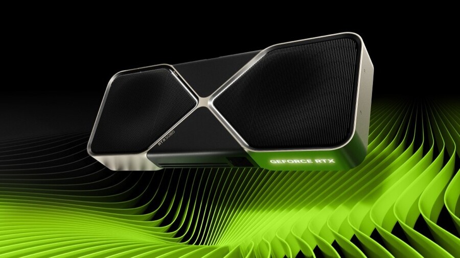 Dedikovaná grafická karta NVIDIA GeForce RTX 5080, klíčová komponenta pro vysoký herní výkon notebooku MSI Raider 18 HX AI. Karta je zobrazena s černým chladičem na dynamickém zeleném pozadí.