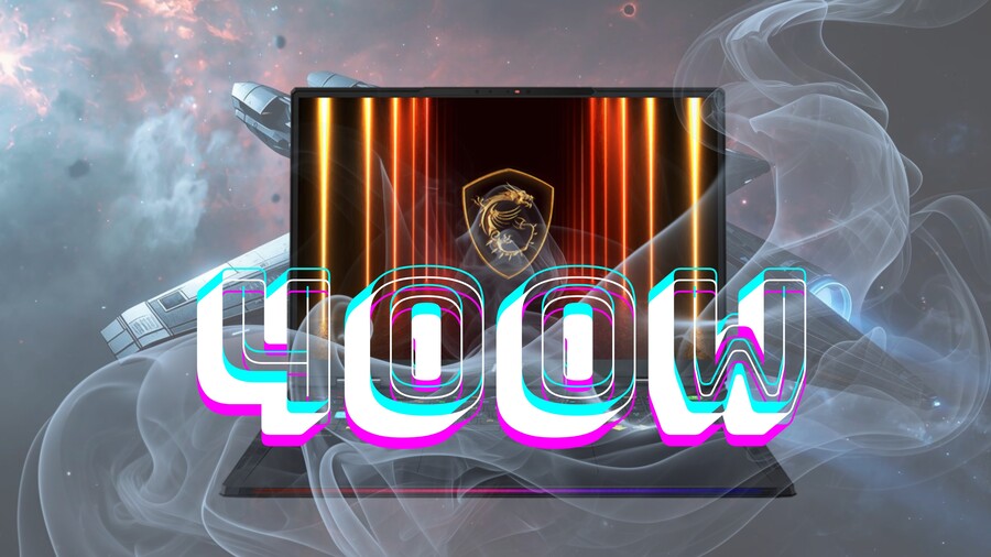 Notebook MSI Raider 18 HX AI s logem MSI na displeji a dominantním textem "400W" s glitch efektem. Číslo 400W symbolizuje vysoký výkon nabíjení a celkové napájení. Pozadí je futuristický vesmír.