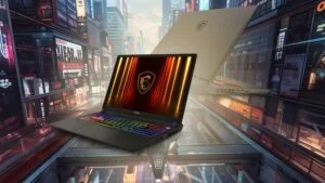 Dva herní notebooky MSI Vector 16 HX AI v akčním, futuristickém prostředí ve stylu kyberpunku. Přední, otevřený notebook ukazuje na displeji logo draka MSI s ohnivými neonovými pruhy.