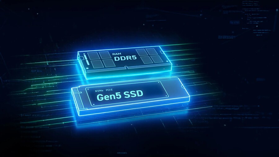 Vizualizace vnitřních komponent pro notebook MSI Vector 16 HX AI, zdůrazňující rychlost. Obrázek ukazuje dvě modře neonově orámované součástky: nahoře modul RAM DDR5 a dole NVMe Gen5 SSD.