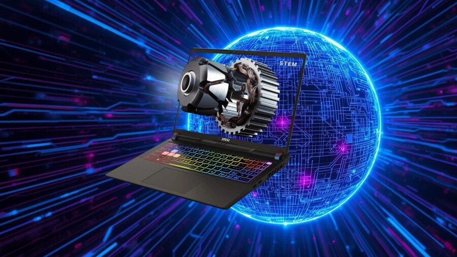 Herní notebook MSI Vector 16 HX AI s duhově podsvícenou klávesnicí. Na displeji je zobrazen 3D model mechanické součástky. Pozadí tvoří modrá technologická koule a zářivé neonové linky.