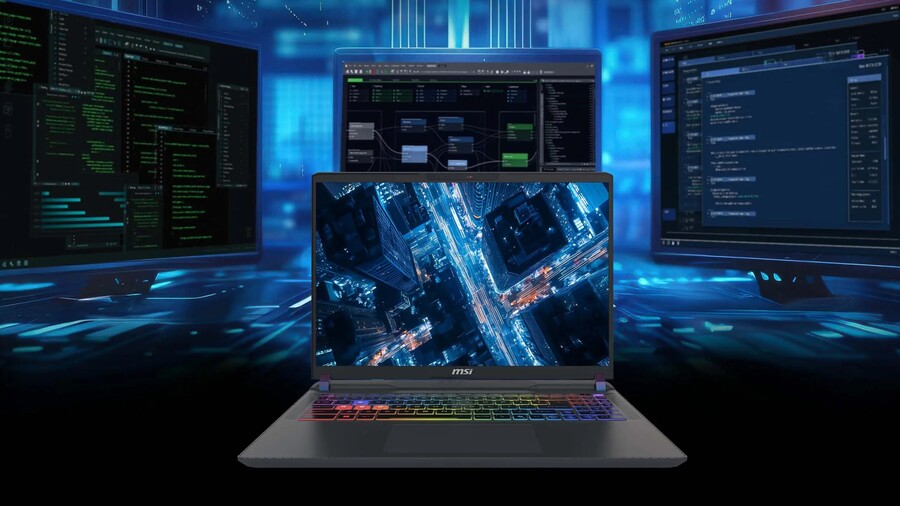 Herní notebook MSI Vector 16 HX AI. Na jeho displeji je noční letecký pohled na město. Notebook je obklopen dalšími třemi monitory, které zobrazují kódování a grafické rozhraní.