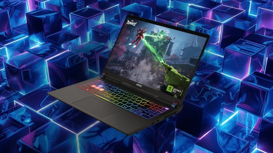 Herní notebook MSI Vector 16 HX AI je otevřený a leží pod úhlem. Na jeho displeji běží akční videohra s barevnou grafikou. Kolem notebooku jsou rozesety neonově modré a fialové kubické tvary.