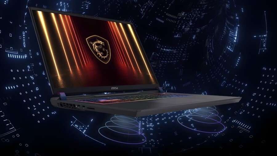 Herní notebook MSI Vector 16 HX AI vznášející se nad digitálním tunelem. Na displeji je logo draka MSI s ohnivými neonovými pruhy. Z notebooku vycházejí grafické vlny symbolizující zvuk.