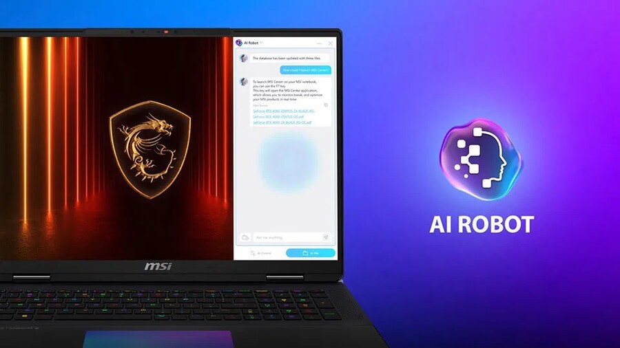 Herní notebook MSI Vector 16 HX AI. Na jeho displeji je spuštěna funkce "AI Robot" s chatbotem a na pozadí logo draka MSI. Vizuální prvky vpravo zahrnují fialové pozadí a logo AI Robot.