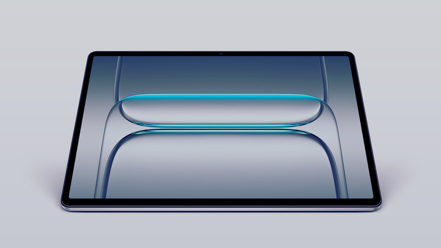 Tablet OnePlus Pad Lite je zobrazen zepředu, s tenkými rámečky a lesklým abstraktním modro-šedým pozadím na displeji.
