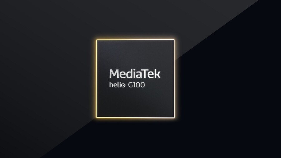 Zvětšený detail tmavého čtvercového procesoru MediaTek Helio G100, který pohání tablet OnePlus Pad Lite, s jemnou zářící zlatou hranou, zobrazený na tmavém pozadí.