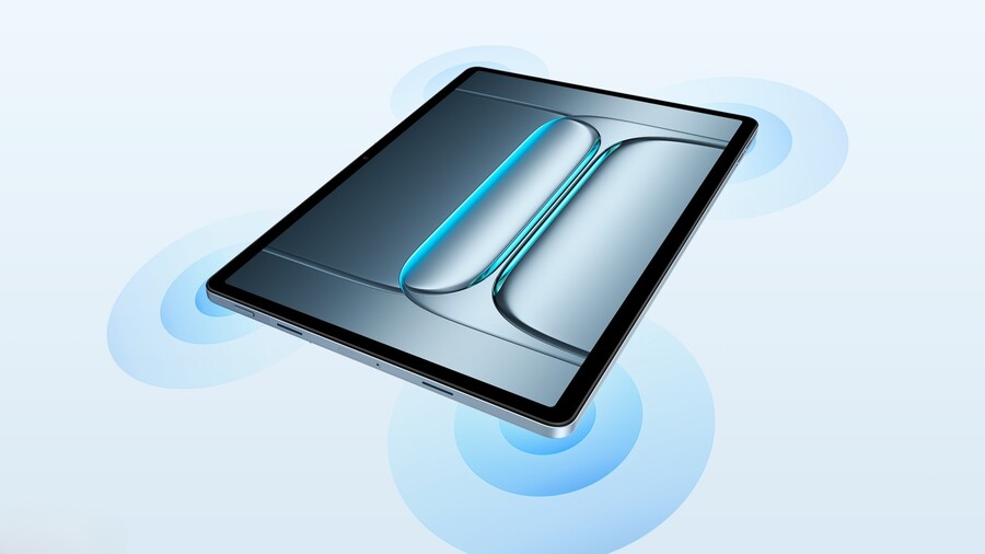 Tablet OnePlus Pad Lite je zobrazen pod úhlem s vizuálními efekty modrých soustředných kruhů symbolizujících reproduktory/zvuk, které vycházejí z jeho stran.