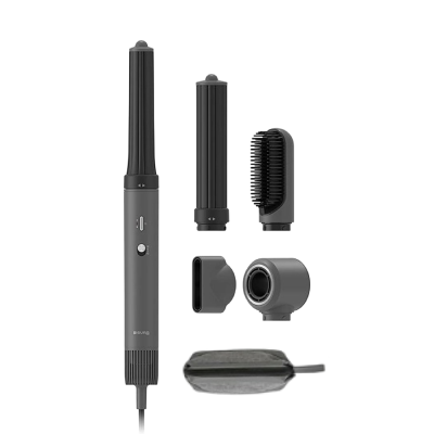 Kulmofén Siguro Shape Flow M650Y v šedé barvě s příslušenstvím.