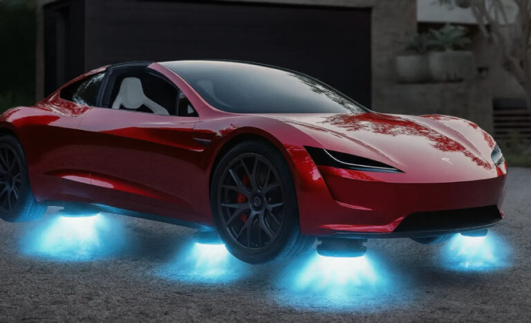 Tesla Roadster v červené barvě s modrými tryskami, které jí pomáhají vznášet se nad zemí.