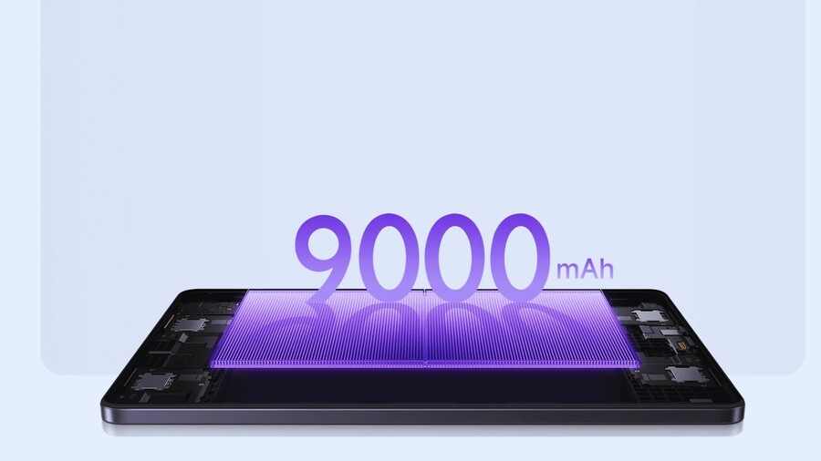 Ilustrace baterie s kapacitou 9 000 mAh v tabletu Xiaomi Redmi Pad 2, znázorněná jako fialové pole uvnitř zařízení.