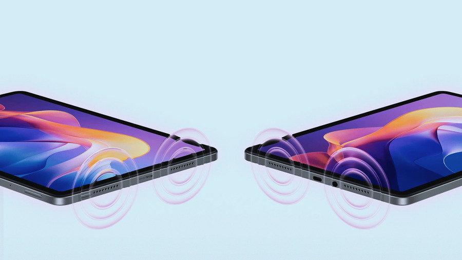 Vizualizace stereo reproduktorů tabletu Xiaomi Redmi Pad 2, kde z obou bočních stran vycházejí zvukové vlny.