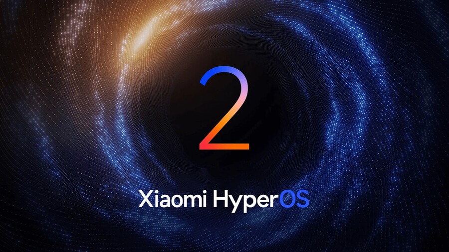 Grafika operačního systému Xiaomi HyperOS s velkou číslicí 2 a futuristickým modro-oranžovým pozadím, určený pro tablet Xiaomi Redmi Pad 2.
