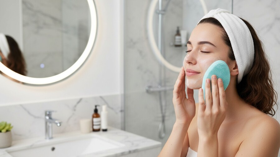 Tipy na vánoční dárky pro ženy: Žena se zavřenýma očima si v moderní, mramorové koupelně masíruje obličej modrým silikonovým čisticím kartáčkem Beper P302VIS002.