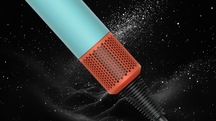 Detail na filtr fénu Dyson Supersonic Nural na černém pozadí s poletujícími bílými částečky, představující prach.