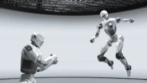 Černobílý záběr dvou humanoidních robotů T800 od EngineAI v dynamickém souboji.