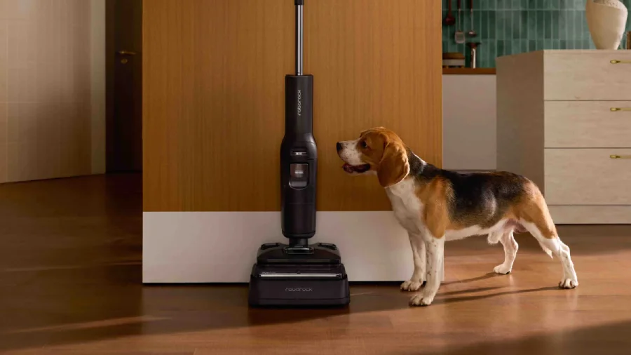 Vysavač Roborock F25 Ultra opřený o hnědou dřevěnou zeď a u něj stojí pes.
