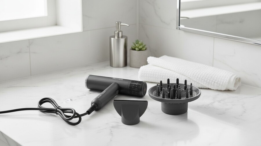 Tipy na vánoční dárky pro ženy: Detailní záběr na matně černý Fén Rohnson R-682 Electra a jeho příslušenství (difuzér, koncentrátor) na světlé mramorové desce v moderní koupelně.