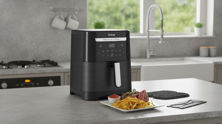 Tipy na vánoční dárky pro ženy: Černá horkovzdušná fritéza Tefal EY801815 Easy Fry & Grill XXL stojí na kuchyňské lince, před ní je talíř s hranolky a masem.