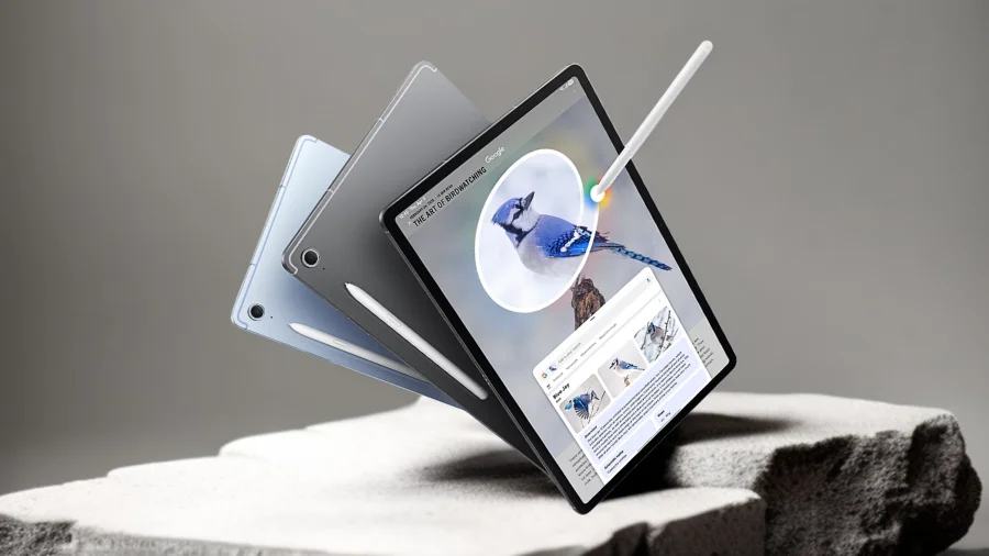 Tři tablety Samsung Galaxy Tab S10 FE a tři stylusy S Pen ve vzduchu nad šedými kameny. Na čelním displeji je zobrazena webová stránka s informacemi o ptácích, s modrým sojkou ve středu a funkcí Circle to Search.