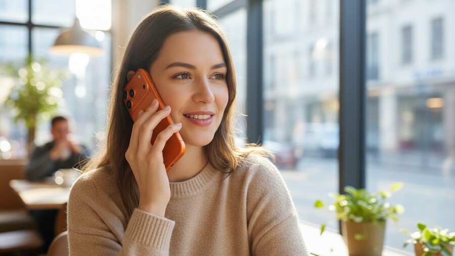 Tipy na vánoční dárky pro ženy: Zblízka zachycená usměvavá mladá žena v béžovém svetru telefonuje v prosvětlené kavárně. U ucha drží iPhone 17 Pro Max v oranžové barevné variantě.