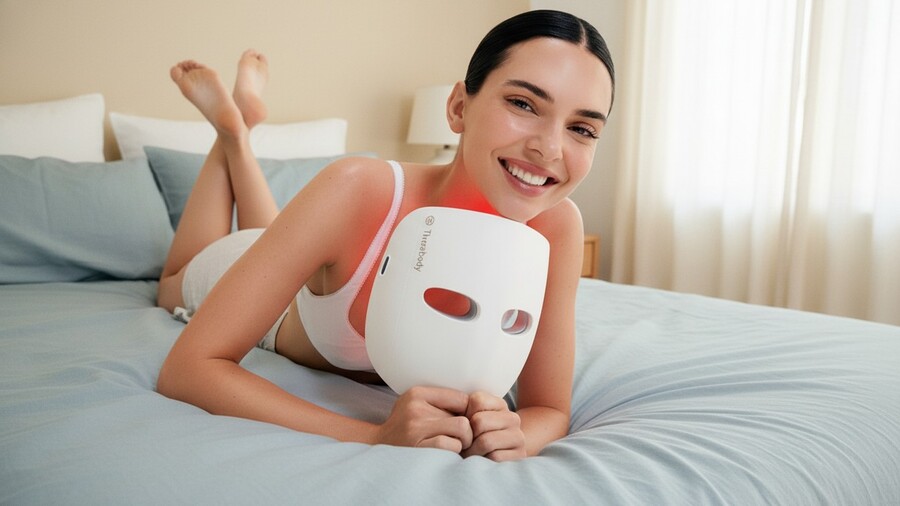 Tipy na vánoční dárky pro ženy: Usměvavá žena leží na posteli a drží v rukou bílou LED masku Therabody TheraFace Glo s viditelným červeným světlem.