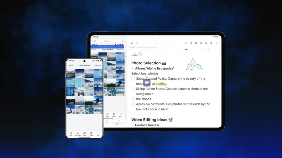 Obrázek demonstruje bezproblémovou spolupráci zařízení OnePlus, kde je velký tablet OnePlus Pad 3 zobrazen vedle smartphonu OnePlus. Na tabletu je otevřená aplikace Poznámky s nápady pro výběr fotografií z alba, zatímco na telefonu je otevřená galerie s náhledy mnoha zimních fotografií.