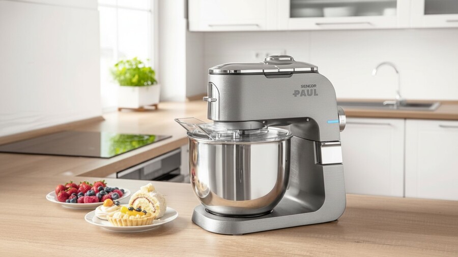 Tipy na vánoční dárky pro ženy: Kuchyňský robot SENCOR Paul STM 7900 ve stříbrné barvě stojí na kuchyňské lince vedle talířů s ovocem a dezerty.