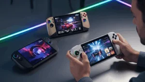 Tři herní handheldy leží na tmavém stole s neonovým osvětlením. Muž drží v popředí jeden z bílých handheldů a hraje hru s autem.