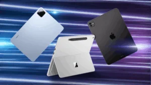 Nejlepší tablety: Microsoft Surface, vedle něj iPad a nalevo tenký Android tablet od Xiaomi.