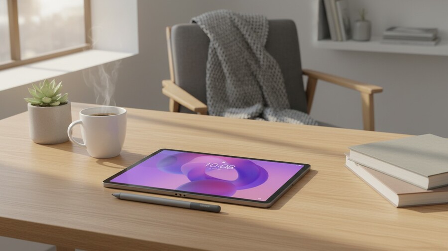 Tipy na vánoční dárky pro ženy: Tablet Lenovo Idea Tab s aktivním stylusem leží na dřevěném stole vedle hrnku kávy a stohu knih.