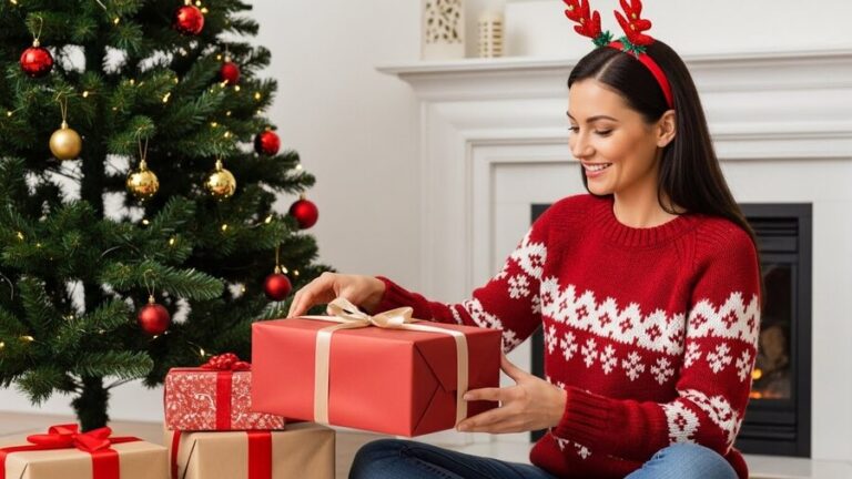 Tipy na vánoční dárky pro ženy: Žena v červeném vánočním svetru a čelenkou se sobími parohy sedí u vánočního stromečku a krbu, drží v rukou červený dárek převázaný zlatou stuhou.