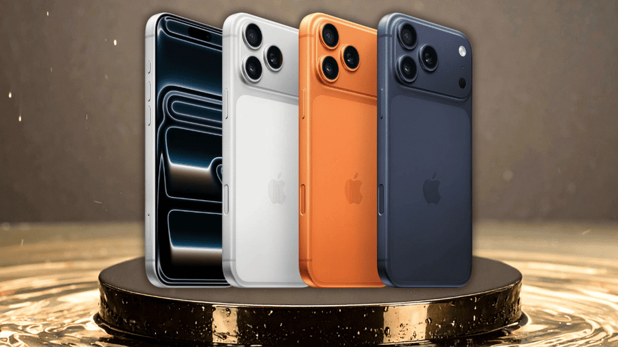 Všechna barevná provedení telefonu Apple iPhone 17 Pro Max stojí na mokrém zlatém podstavci, stříbrný model je zobrazen i z přední strany, ostatní ze zadní.