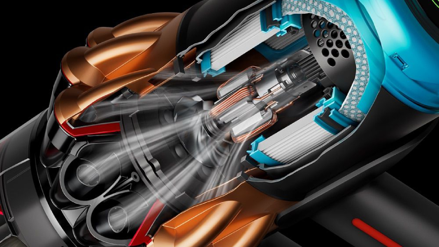 Průřez digitálním motorem Hyperdymium™ 2 vysavače Dyson V16 Piston Animal s viditelnými vnitřními komponenty a prouděním vzduchu.