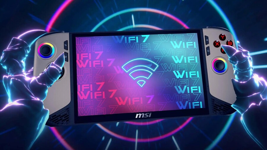 Grafika konzole MSI Claw 8 AI+ s nápisy „WIFI 7“ na displeji a v pozadí.