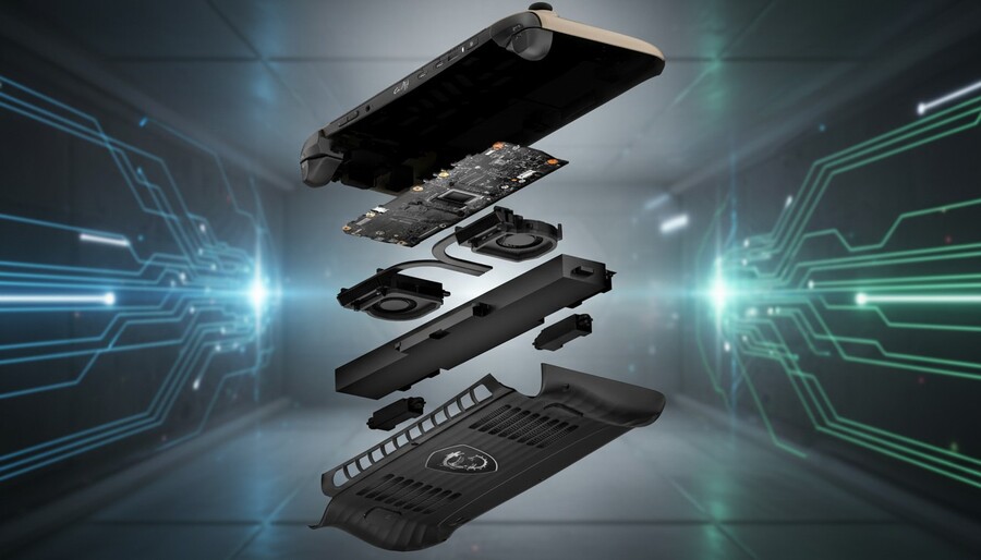 Explodovaný pohled na vnitřní komponenty konzole MSI Claw 8 AI+ včetně chlazení.
