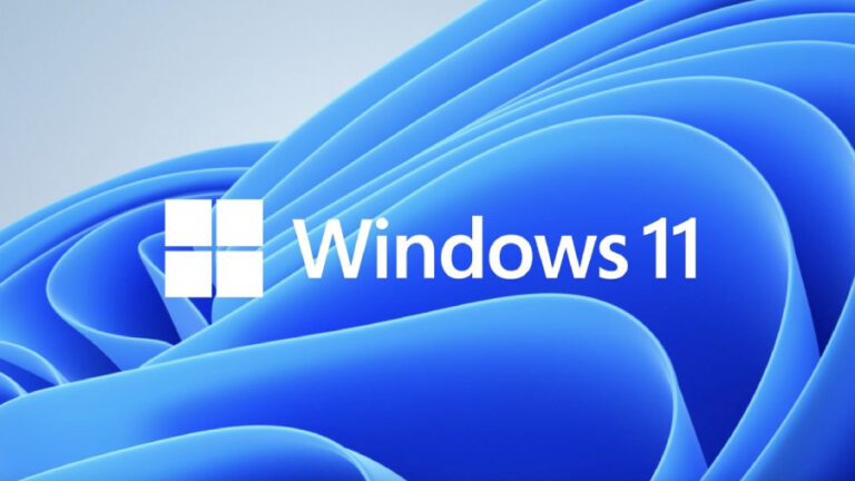 logo Windows 11 na ikonických modrých vlnách společnosti Microsoft.