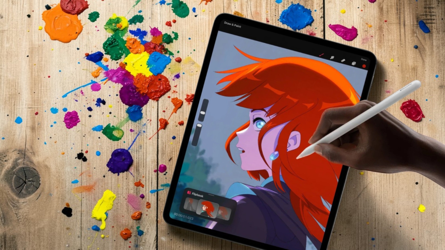 Detailní pohled na Apple iPad Pro 13" M5 na dřevěném stole s barevnými skvrnami od barev, na kterém umělec pomocí Apple Pencil Pro tvoří digitální ilustraci v aplikaci Procreate.