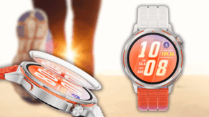 Huawei Watch GT Runner 2 v oranžové barvě s pozadím běžkyně.