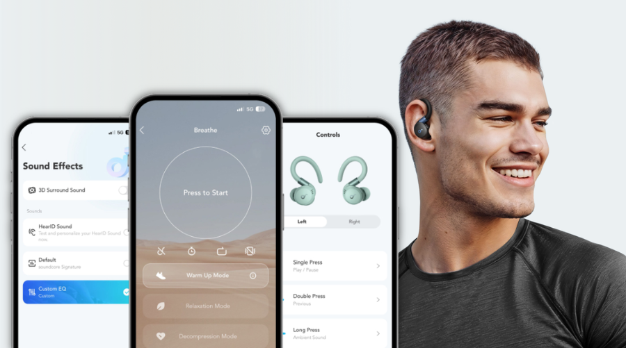 Koláž zobrazující usměvavého muže se sluchátky Soundcore Sport X20 v zelené barvě a ukázky uživatelského rozhraní aplikace Soundcore s nastavením ekvalizéru (Custom EQ), relaxačních režimů a ovládacích tlačítek.