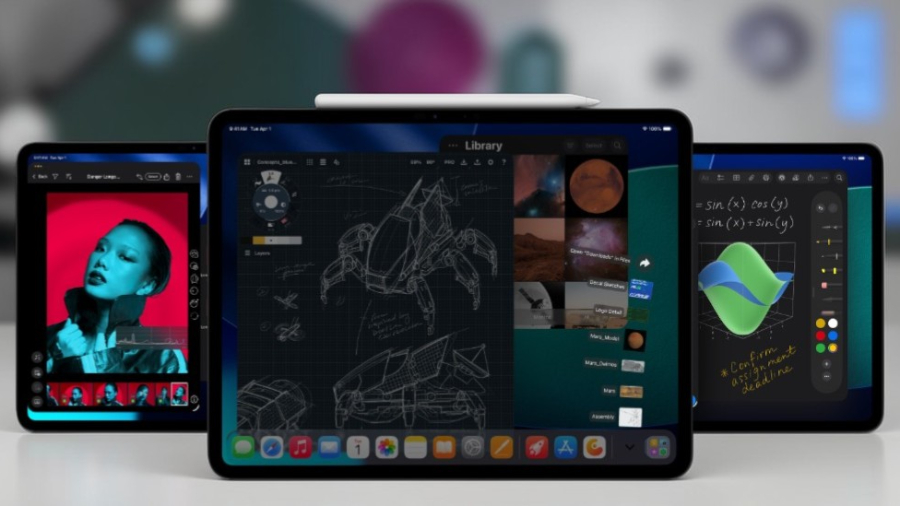 Trojice tabletů Apple iPad Pro 13" M5 prezentující profesionální multitasking v iPadOS, zahrnující technické nákresy, pokročilou editaci fotografií a 3D matematické modelování s magneticky připevněnou tužkou Apple Pencil.