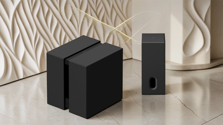Černé subwoofery Sony Bravia Theatre Sub 9 a Theatre Sub 8 na mramorové podlaze v moderním světlém interiéru s vizualizací zlatých zvukových vln.