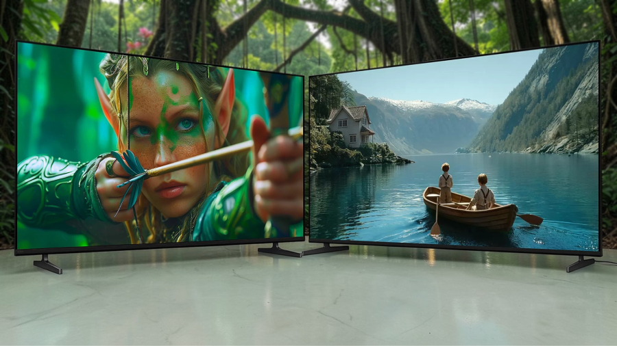Televizory Sony BRAVIA 3 II a BRAVIA 2 II postavené vedle sebe s detailním 4K obrazem v moderním interiéru s motivem přírody v pozadí.