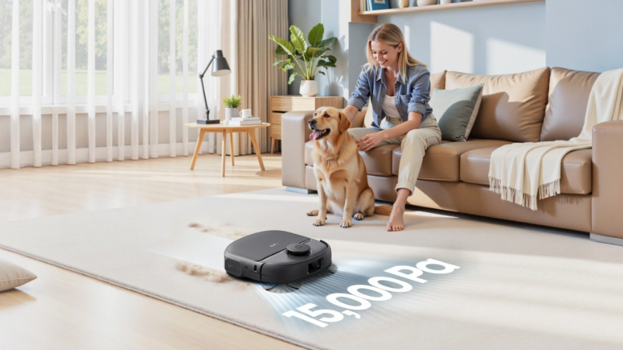 Produkt eufy Robot Vacuum Omni C28 používaný v běžném domácím prostředí – ilustrační lifestyle fotografie.