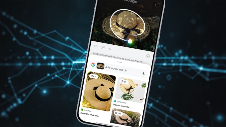Detailní pohled na displej smartphonu POCO F8 Ultra, který demonstruje funkci Circle to Search (Zakroužkuj a hledej) při identifikaci slaměného klobouku na fotografii, s výsledky vyhledávání zboží zobrazenými ve spodní části obrazovky na technologickém modrém pozadí.