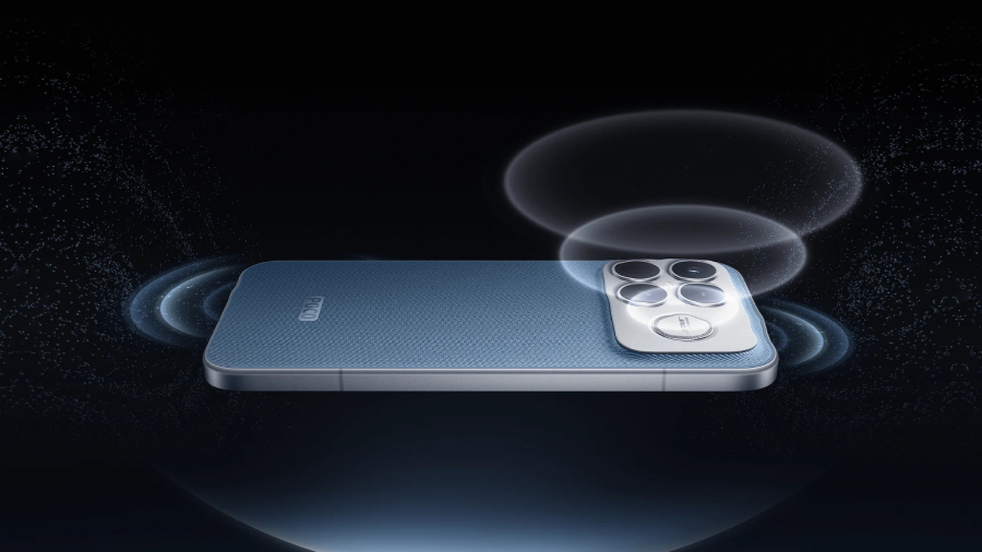 Pohled na džínově modrý smartphone POCO F8 Ultra v horizontální poloze, ze kterého se šíří dynamické světelné vlny symbolizující pohlcující 2.1kanálový zvuk se subwooferem Bose, v kontrastu s elegantním tmavým pozadím.