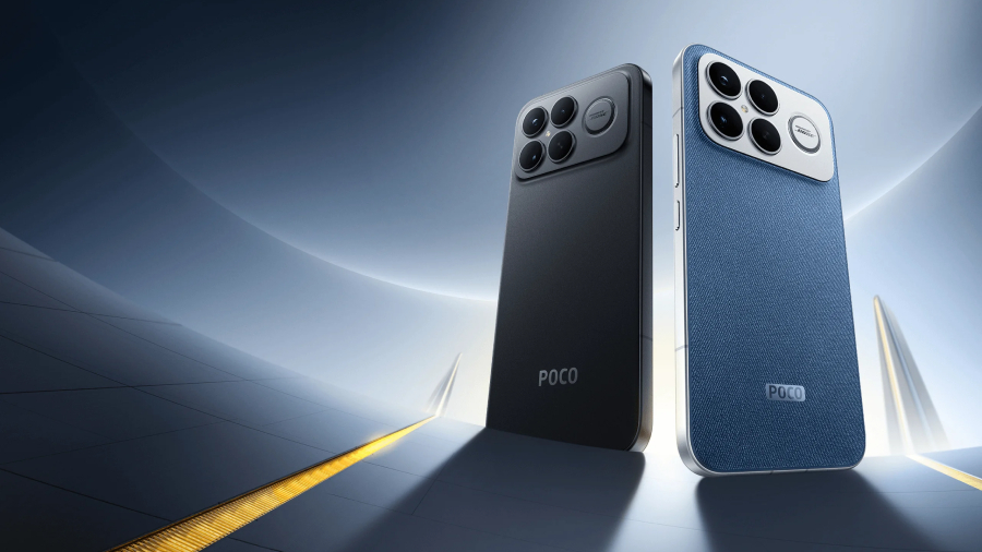 Dvojice smartphonů POCO F8 Ultra v černém a džínově modrém provedení s texturovanými zády a výrazným stříbrným modulem fotoaparátu Bose, zasazená do futuristického, dynamicky osvětleného prostředí.