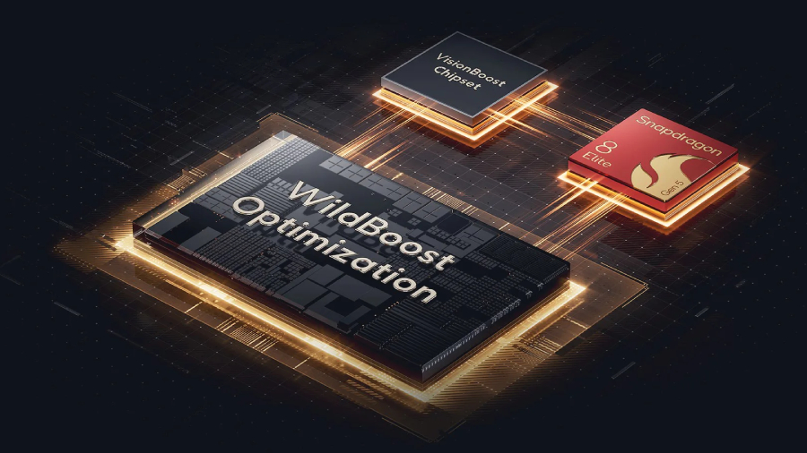 Abstraktní vizualizace vnitřní architektury POCO F8 Ultra, která zobrazuje propojení procesoru Snapdragon 8 Elite s grafickým čipem VisionBoost a hlavní jednotkou pro optimalizaci WildBoost, podsvícenou v dynamických zlatých tónech na tmavém pozadí.